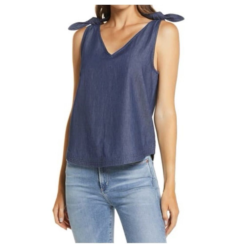 Caslon-Chambray Tie Shoulder Sleeveless Top